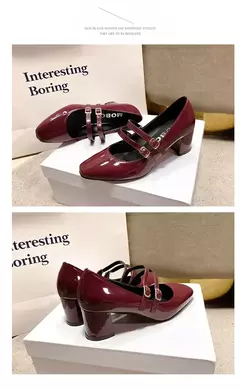 Sapatos Mary Janes de fivela dupla feminina, couro envernizado, cabeça quadrada, salto quadrado, cor sólida, primavera, outono, 2022