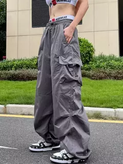Y2k pára-quedas calças pretas mulheres hippie streetwear bolsos grandes calças de carga harajuku perna larga baggy sweatpants - comprar online
