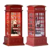 Vintage vermelho luminoso telefone cabine lanterna, árvore de Natal, boneco de neve, Papai Noel estatueta, telefone cabine decoração