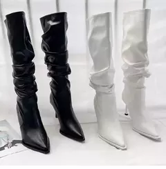 Botas femininas plissadas pontiagudas de cano alto, botas de salto fino na moda, botas longas abaixo do joelho, outono, 2024