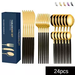 Conjunto de talheres de aço inoxidável, faca e garfo, produto comestível, durável, 4 conjuntos de 6 pessoas, ouro, garfo, colheres, 24 pcs