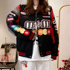 Imagem do Sobretudos bordados para mulheres, uniforme de beisebol, jaqueta solta, casacos vintage, estampa de motocicleta, moda, outono e inverno