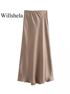 Willshela-Saia Midi Sólida Plissada Feminina, Vintage, Elástico Médio na Cintura, Saias Chiques Femininas, Moda Feminina - Wolf Magazine