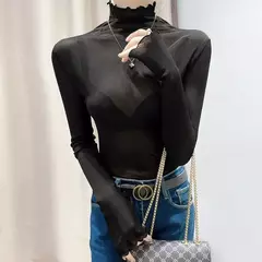 Blusa de renda de gola alta para mulher na primavera outono moda de manga comprida fina gaze roupas transparente