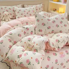 Conjunto de cama infantil com 3 peças, colcha rosa, capa de edredão floral vegetal, padrão de gato, desenhos animados fofos, conjunto de cama para meninas, decoração do quarto na internet
