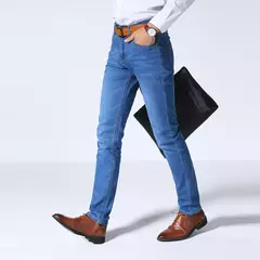 Jeans estilo clássico irmão Wang masculino, casual, stretch, fino, calça jeans, azul claro, calça preta, marca masculina