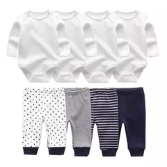 Conjunto de calças e bodysuits de algodão de manga comprida para meninos e meninas, roupas unissex para primavera e outono, 8 peças por lote