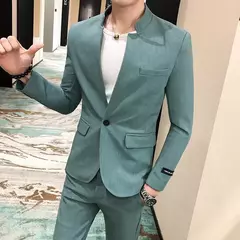 New (Blazer+ Pants) Men's Fashion Business Korean Version of Gentleman Zhongshan Stand Collar Casual British Style 2-piece Set