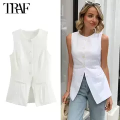 Imagem do TRAF-Colete de botões sem mangas feminino, jaquetas de verão, colete rosa, streetwear, blusa de moda feminina, branco, 2022