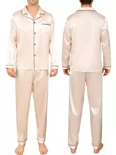 Conjunto de pijama com cardigã de manga comprida masculino, monocromático, lapela, casual, roupa de casa simples, pijamas, plus size, juventude, outono, inverno, 2 peças, conjunto - loja online
