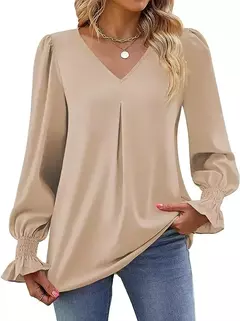Nova camisa feminina de chiffon de cor sólida com decote em v pulôver queimado manga comprida camisa superior senhora do escritório elegante cáqui blusas soltas - comprar online