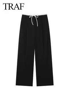 TRAFZA-Calça comprida com retalho feminino, Monocromática, Perna larga, Versátil, Casual, Calças soltas, Streetwear, Moda, 2024