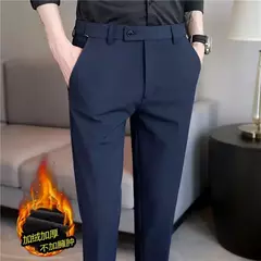 Calça de terno quente de pelúcia masculina, calça monocromática, cintura elástica, formal, negócios, fina, escritório, social, vestido, outono, inverno, 2023 - comprar online