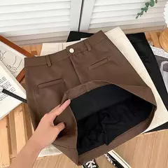 Saia Bodycon de couro PU feminina, botões vintage, bolso com zíper, versátil, cintura alta, fina, curta, sólida, linha A, verão, novo na internet