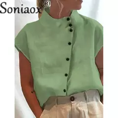 Imagem do Camisa elegante de algodão com gola de linho para mulheres, estilo simples, cardigã de peito único, blusa casual solta, verão feminino, 2023