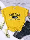 América 1776 Athletic Dept Letter T-Shirt Feminino Esporte Casual Top Colheita Cool Hip Hop T Shirt Macio Respirável T Shirt Mulheres