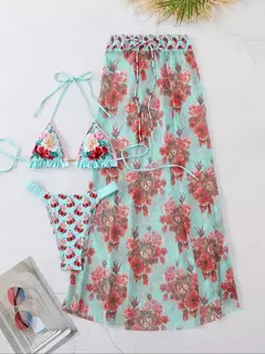 Conjunto de biquíni de três peças, sutiã acolchoado, borla, saia de praia de cintura alta, maiô de verão, moda sexy, monocromático
