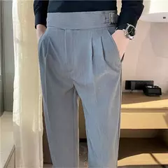 Imagem do Estilo britânico dos homens de cintura alta vestido casual calça masculina cinto design calças finas formal escritório social vestido de festa de casamento terno calças