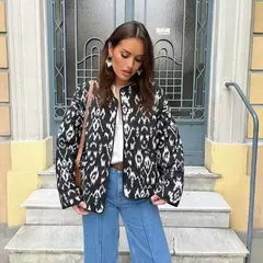 Casaco de algodão estampado de peito único feminino, bolsos elegantes, jaqueta de mangas compridas, streetwear com gola O, moda senhora, outono, inverno, 2024 - comprar online