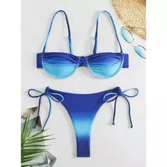 Fato de banho plissado com cordão feminino, biquínis arco, maiô sexy, banhista, conjunto de biquíni gradiente, moda verão, 2 peças - Wolf Magazine