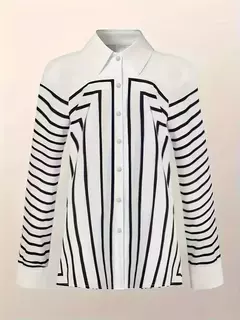 Imagem do Camisa de botão feminina com estampa de linha, blusas elegantes, primavera e verão, roupas femininas plus size, preto e branco, 2024