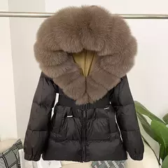 Oftbuy 2024 jaqueta de inverno feminina gola de pele de raposa natural real com capuz grosso quente 90% pato branco para baixo casaco feminino streetwear casual - comprar online