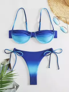 Fato de banho plissado com cordão feminino, biquínis arco, maiô sexy, banhista, conjunto de biquíni gradiente, moda verão, 2 peças - loja online