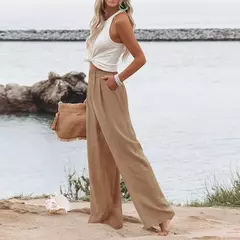 Calça larga de linho de algodão feminina, comprimento total, casual, monocromática, solta, cintura alta, reto, botão, verão - Wolf Magazine