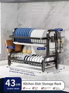 Rack de secagem de pratos, 2 camadas, compacto, cozinha, conjunto de escorredor, grande, à prova de ferrugem, escorredor de pratos com suporte de utensílio