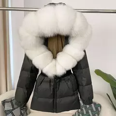 Imagem do Oftbuy 2024 jaqueta de inverno feminina gola de pele de raposa natural real com capuz grosso quente 90% pato branco para baixo casaco feminino streetwear casual