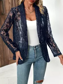 Jaqueta de manga longa de renda feminina, casacos de cor sólida, Design simples oco, Versátil, Moda, Primavera, Verão, Novo, 2024