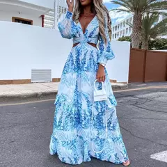 Primavera novo vestido longo moda impressão sexy profundo decote em v vestido de manga comprida feminino elegante oco para fora plissado emendado maxi vestido - comprar online