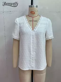 Benuynffy-Blusa de renda com decote em v feminina, ponto suíço, tops sólidos, manga curta, boho, doce, casual, moda feminina, verão, novo, 2024