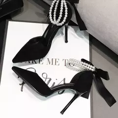 Bombas femininas com cordão e pérolas, salto alto nupcial, dedo apontado, sapatos de dança de festa, preto, design de marca, sexy, novo, verão, 2024 - comprar online