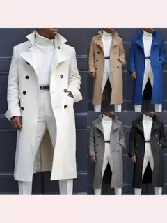 Casaco de trespassado duplo masculino, casaco longo, sobretudo com mistura de lã, casacos brancos, streetwear, jaqueta solta, moda festa na internet