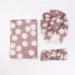 Recém-nascido Swaddle Wrap, Recebendo Cobertor para Recém-nascidos, Acessórios Bebês, Soft Floral Headband, Chapéu, Itens de cama, 3 Pcs por Conjunto