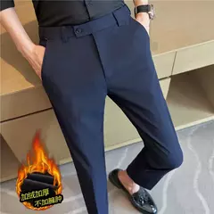 Imagem do Calça de terno quente de pelúcia masculina, calça monocromática, cintura elástica, formal, negócios, fina, escritório, social, vestido, outono, inverno, 2023