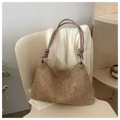 Saco de palha tecido Rattan para senhoras, sacola de grande capacidade, bolsa trançada artesanal, bolsa de ombro, moda