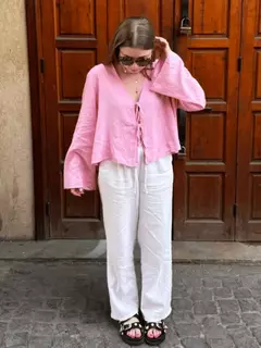 Camisas femininas com laço de linho e algodão com renda, blusa solta de manga longa com decote V profundo, blusa casual feminina, primavera e verão - comprar online