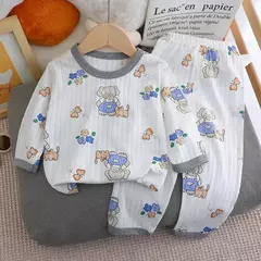 Pijama de algodão puro para meninos e meninas, camiseta fina de manga comprida, tops e calças lindos desenhos animados, conjuntos de roupas infantis, verão, novo, 2022 na internet