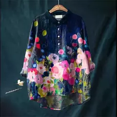 Sardinha de peixe retrô casual feminina arte camisa de bolso manga longa, camisas estampadas estilo havaiano, tops com gola v, verão - Wolf Magazine