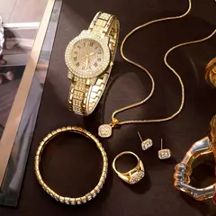 Relógio de quartzo de strass de luxo feminino, hiphop moda, conjunto de jóias de pulso analógico, presente para a mãe, 6 peças - comprar online