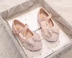 Imagem do Salto liso da menina com arco pérola e strass, sapatos princesa para crianças, moda, outono