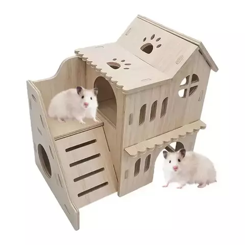 Grande casa de hamster, cabana de gerbil de dois andares com escada, grandes animais pequenos de madeira, animais de estimação explorando brinquedos para chinchila
