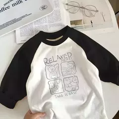 T-shirt de manga comprida para menino e menina, top de algodão puro, design cartoon, novo outono e inverno na internet