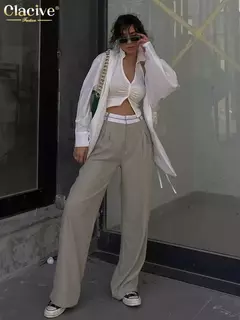 Clacive-Calça reta de cintura alta feminina, calça feminina, elegante, solta, chique, emendada, cinza, escritório, moda, casual, de comprimento total - loja online