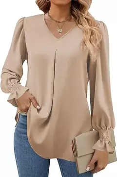 Nova camisa feminina de chiffon de cor sólida com decote em v pulôver queimado manga comprida camisa superior senhora do escritório elegante cáqui blusas soltas
