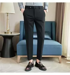 Calça formal masculina estilo britânico, monocromática, fina, casual, de negócios, escritório, social, calça de tornozelo, streetwear, alta qualidade - Wolf Magazine