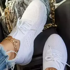 Sapatilhas femininas com cadarço de malha confortável, sapatos esportivos vulcanizados, cunhas volumosas, sapatos femininos casuais - comprar online