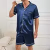 Conjunto de pijama de cetim masculino manga curta, pijamas para homem, camisa de botões, calções de cintura elástica, roupa de casa, 2 peças, verão